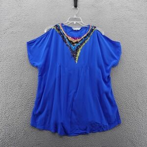 Trina Turk Silk‎ Cold Shoulder Sequin Embellished Top Large* Blue Womens Blouse